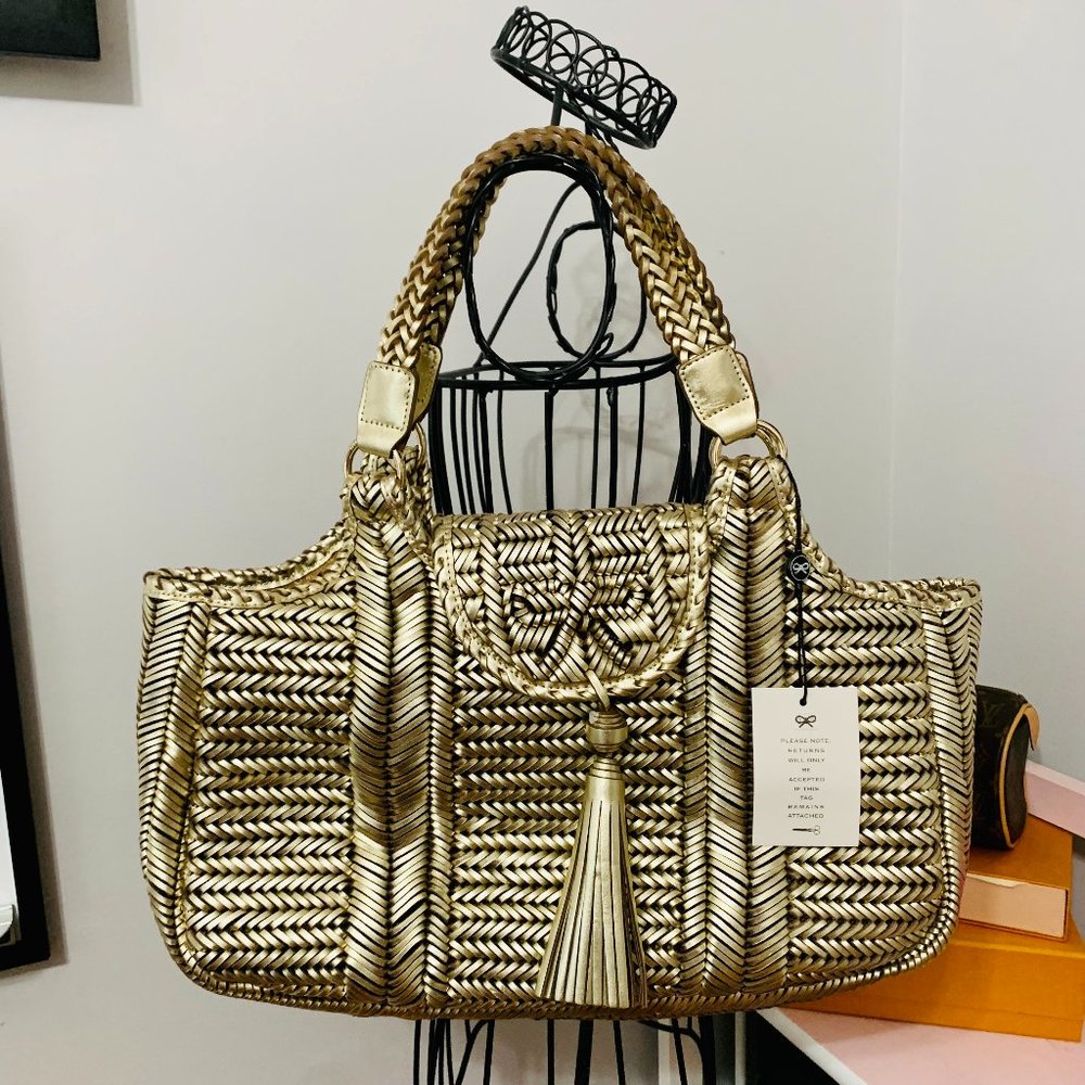 ANYA HINDMARCH NEESON BRAIDED LEATHER METALLIC TOTE W AUTHENTICITY CARD DUST BAG